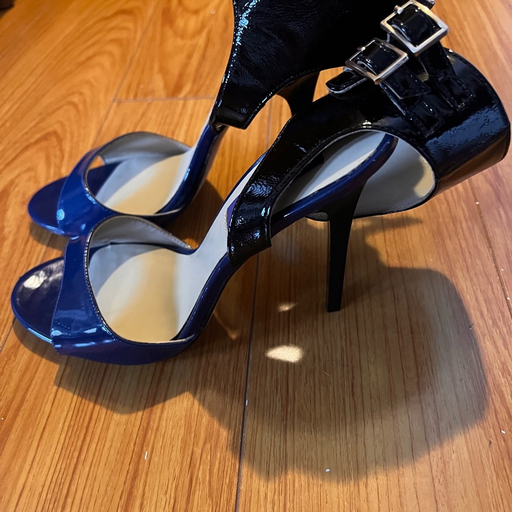 Jimmy Choo Two-Tone Blue and Black Patent Leather Stiletto Sandals